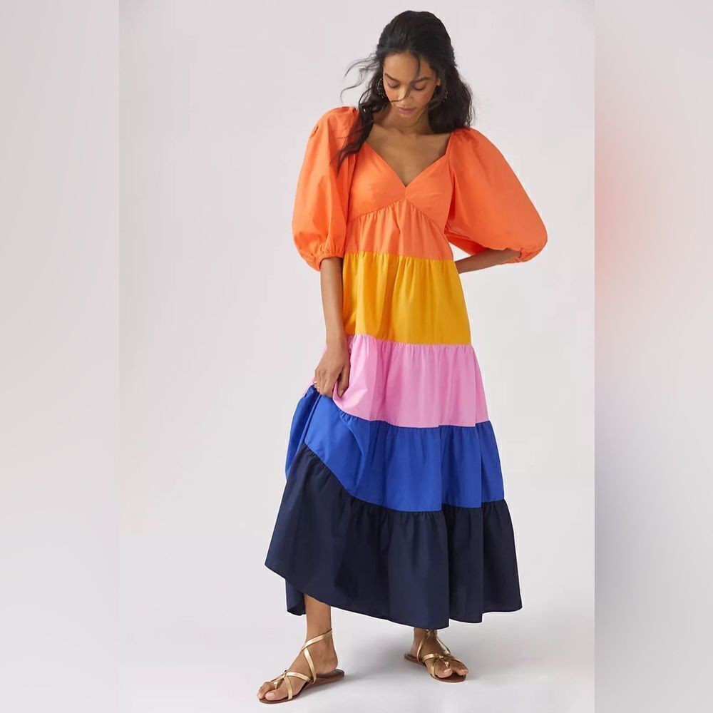 Farm Rio x Anthropologie tiered color locked maxi dress